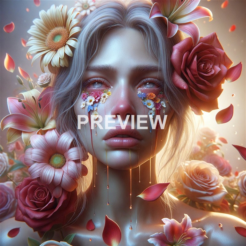 A surreal digital artwork of a woman with flowers in her hair and face, with tears made of small flowers and liquid, surrounded by floating petals and blossoms.
